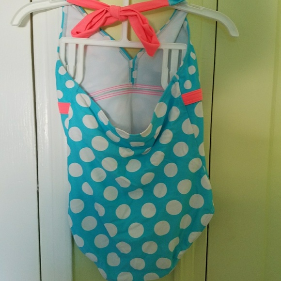 Blue one piece bathing suit with white polkadot - Picture 3 of 4